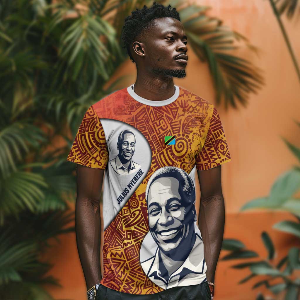 Julius Nyerere T-Shirt with Smiling Portrait, Tribal Pattern and Simplicity is Power Quote Graphic Tee