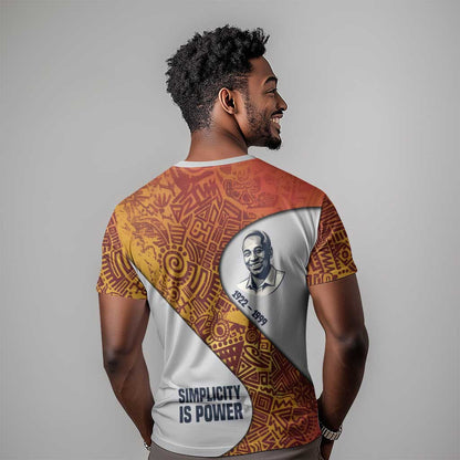 Julius Nyerere T-Shirt with Smiling Portrait, Tribal Pattern and Simplicity is Power Quote Graphic Tee