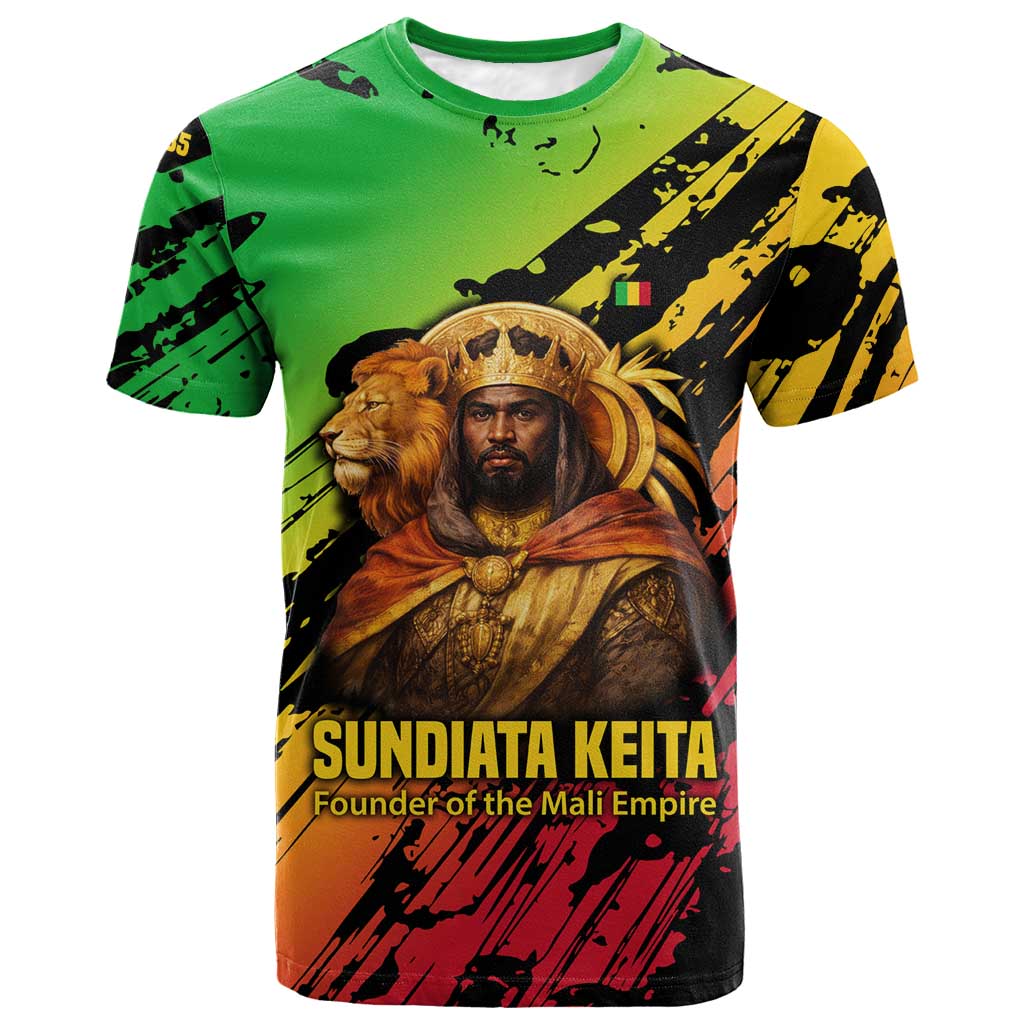 Sundiata Keita T-Shirt with Regal Portrait, Lion of Mali Title and Bold Tribal Brushstroke Pattern Graphic Tee