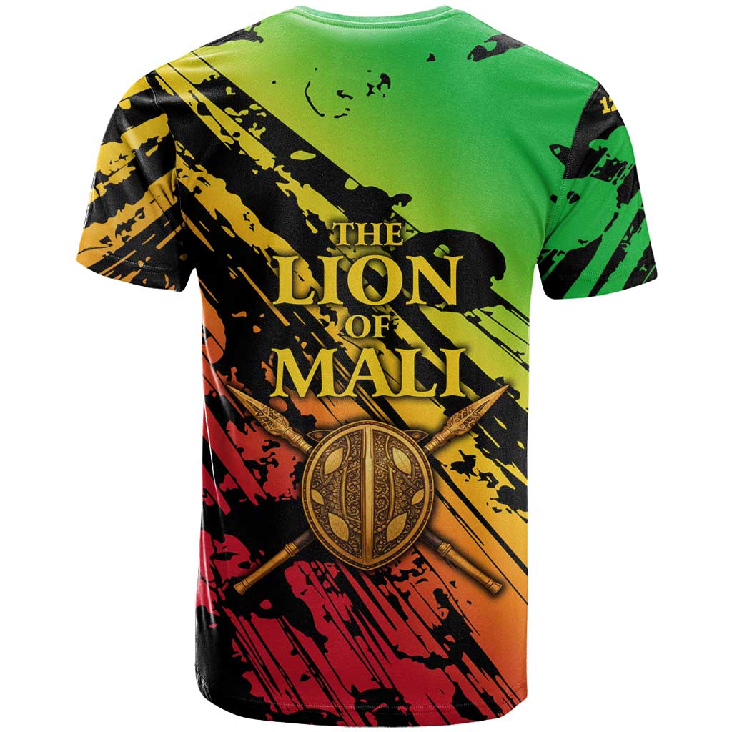 Sundiata Keita T-Shirt with Regal Portrait, Lion of Mali Title and Bold Tribal Brushstroke Pattern Graphic Tee