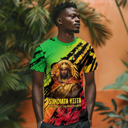 Sundiata Keita T-Shirt with Regal Portrait, Lion of Mali Title and Bold Tribal Brushstroke Pattern Graphic Tee