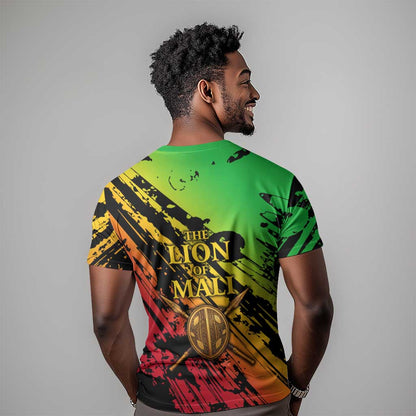 Sundiata Keita T-Shirt with Regal Portrait, Lion of Mali Title and Bold Tribal Brushstroke Pattern Graphic Tee