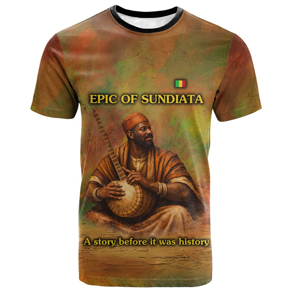 Sundiata Keita T-Shirt Griot Storytelling Scene, Epic of Sundiata Text and Heritage-Inspired Earth Tone Graphic Tee