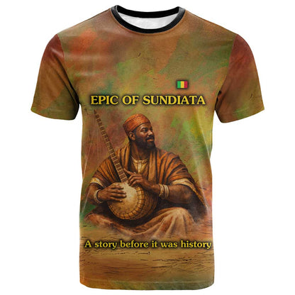 Sundiata Keita T-Shirt Griot Storytelling Scene, Epic of Sundiata Text and Heritage-Inspired Earth Tone Graphic Tee