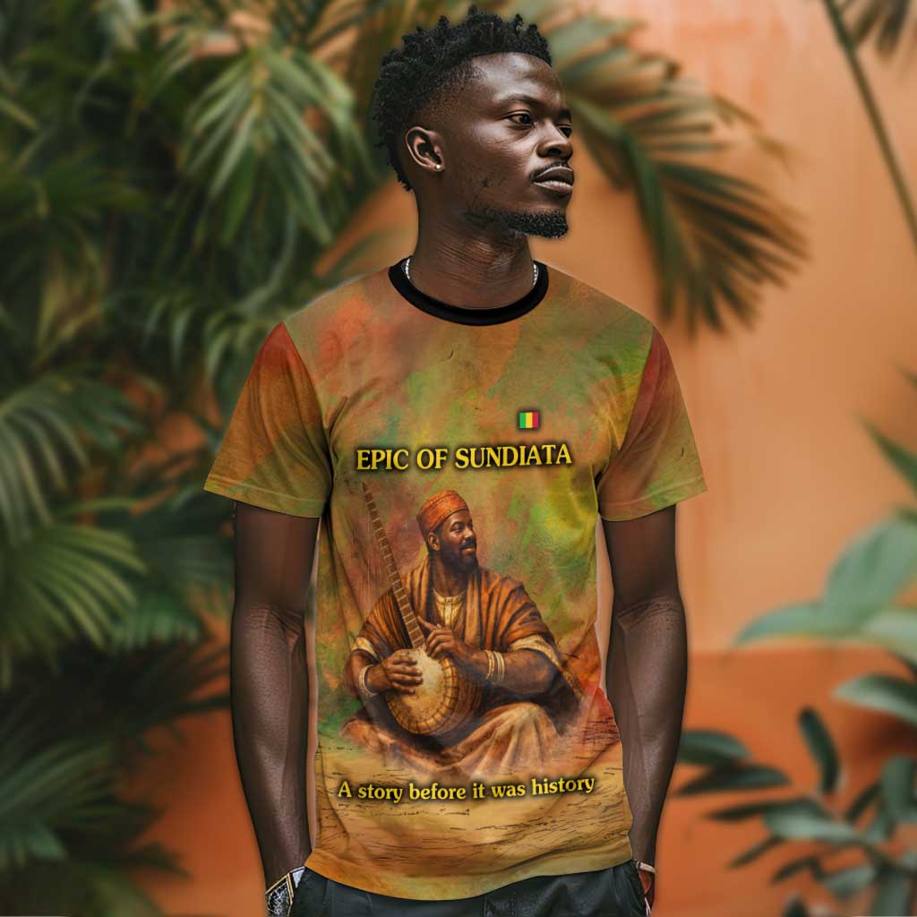 Sundiata Keita T-Shirt Griot Storytelling Scene, Epic of Sundiata Text and Heritage-Inspired Earth Tone Graphic Tee