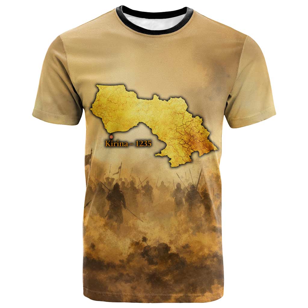 Sundiata Keita T-Shirt with Kirina 1235 Battle Map, Horseback Warrior and Birth of an Empire Design Graphic Tee
