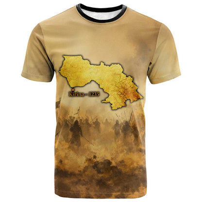 Sundiata Keita T-Shirt with Kirina 1235 Battle Map, Horseback Warrior and Birth of an Empire Design Graphic Tee