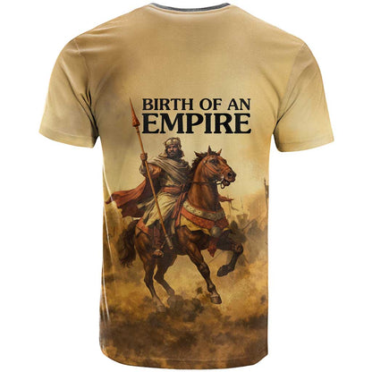 Sundiata Keita T-Shirt with Kirina 1235 Battle Map, Horseback Warrior and Birth of an Empire Design Graphic Tee