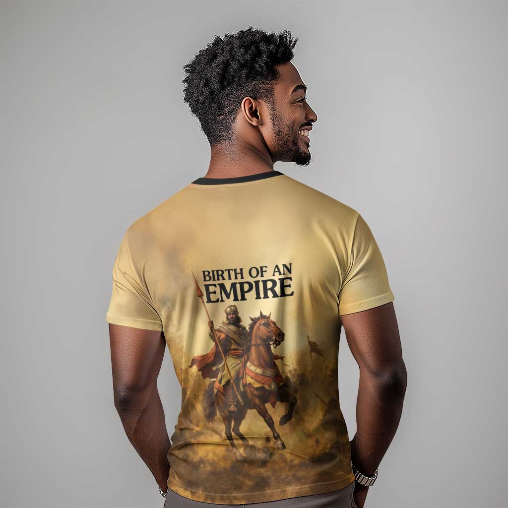 Sundiata Keita T-Shirt with Kirina 1235 Battle Map, Horseback Warrior and Birth of an Empire Design Graphic Tee