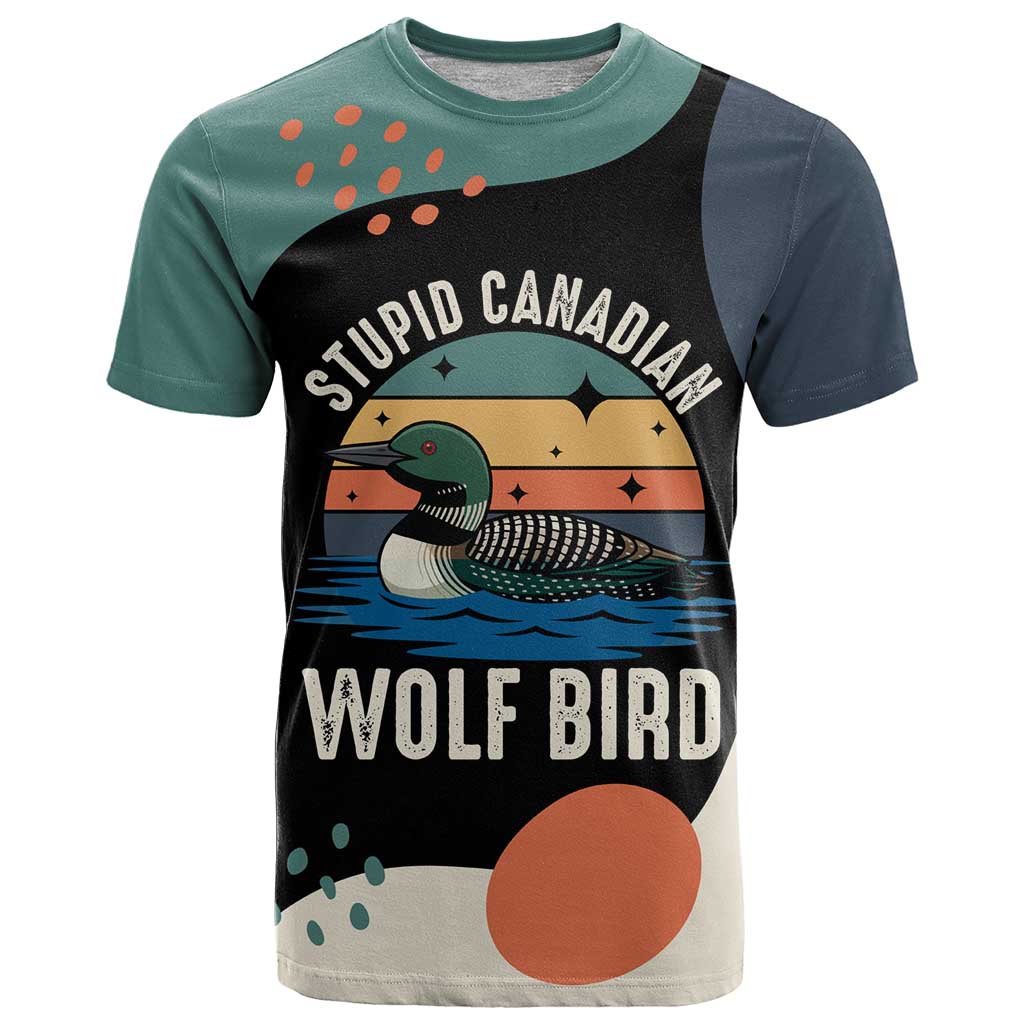 Stupid Canadian Wolf Bird T-Shirt with Retro Sunset Stripe Pattern Graphic Tee