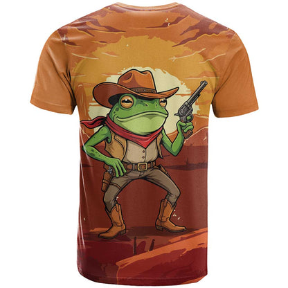 Cowboy Frog Outlaw T-Shirt with Desert Sunset Silhouette Pattern Graphic Tee