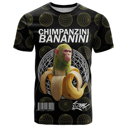 Chimpanzi Bananini Primate T-Shirt with 3D Wireframe Globe Pattern Graphic Tee