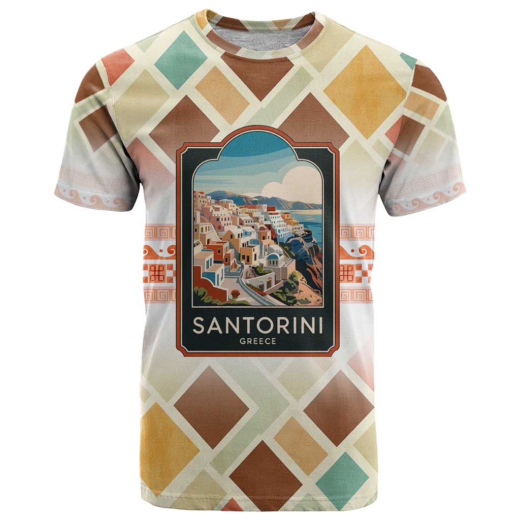 Santorini Greece T-Shirt Sunset Village Print and Mediterranean Geometric Pattern Graphic Tee