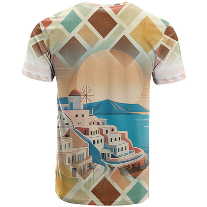Santorini Greece T-Shirt Sunset Village Print and Mediterranean Geometric Pattern Graphic Tee