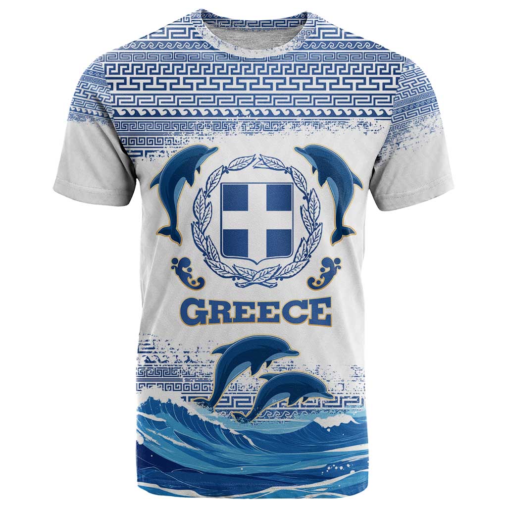 Greece Dolphin T-Shirt with Greek Key Pattern and Ocean Wave Design Graphic Tee