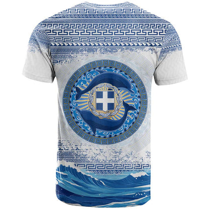 Greece Dolphin T-Shirt with Greek Key Pattern and Ocean Wave Design Graphic Tee