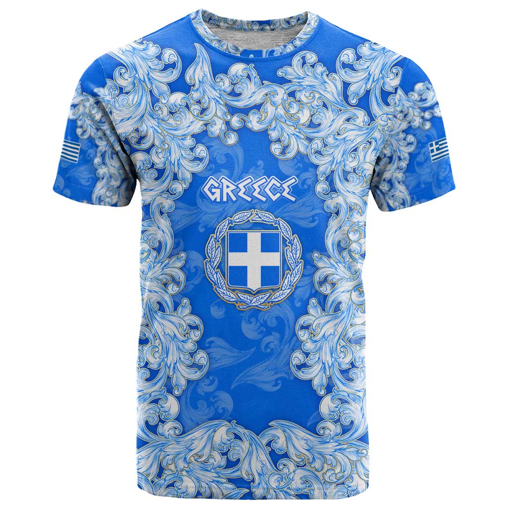 Greece Baroque Pattern T-Shirt with Greek Flag Crest and Country Map Graphic Tee