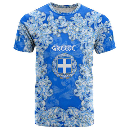 Greece Baroque Pattern T-Shirt with Greek Flag Crest and Country Map Graphic Tee