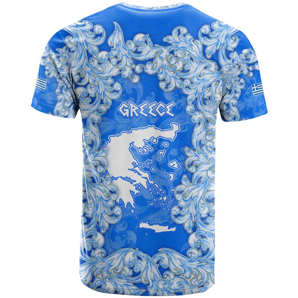 Greece Baroque Pattern T-Shirt with Greek Flag Crest and Country Map Graphic Tee