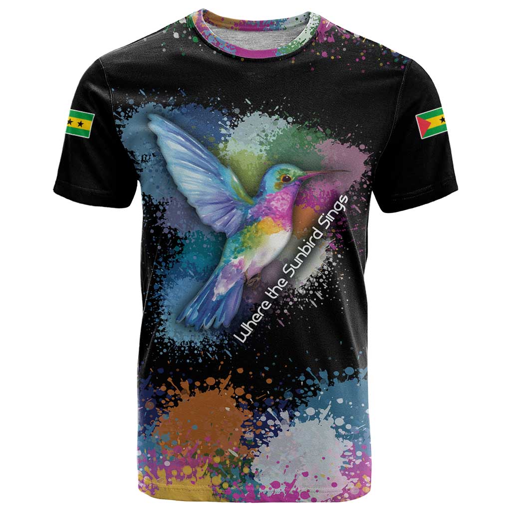 Where the Sunbird Sings T-Shirt with Sao Tome and Principe Flag and Color Splash Art Graphic Tee