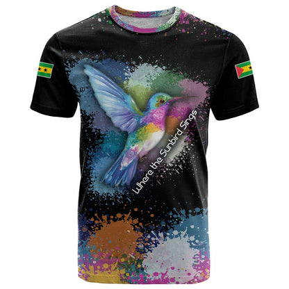 Where the Sunbird Sings T-Shirt with Sao Tome and Principe Flag and Color Splash Art Graphic Tee