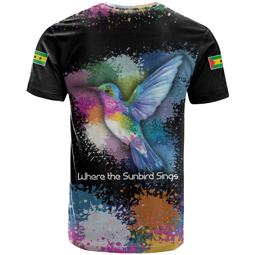 Where the Sunbird Sings T-Shirt with Sao Tome and Principe Flag and Color Splash Art Graphic Tee