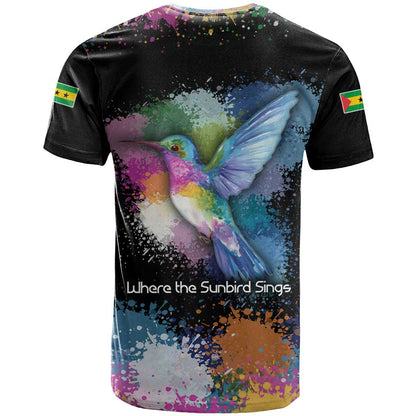 Where the Sunbird Sings T-Shirt with Sao Tome and Principe Flag and Color Splash Art Graphic Tee