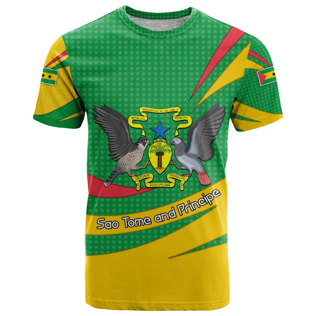 Sao Tome and Principe National Emblem T-Shirt with Green Yellow Flag Pattern Graphic Tee