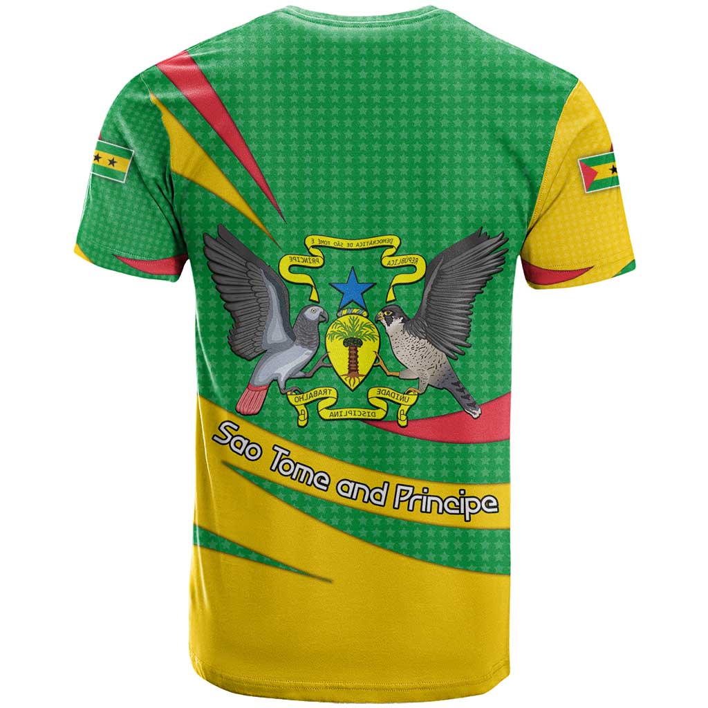 Sao Tome and Principe National Emblem T-Shirt with Green Yellow Flag Pattern Graphic Tee