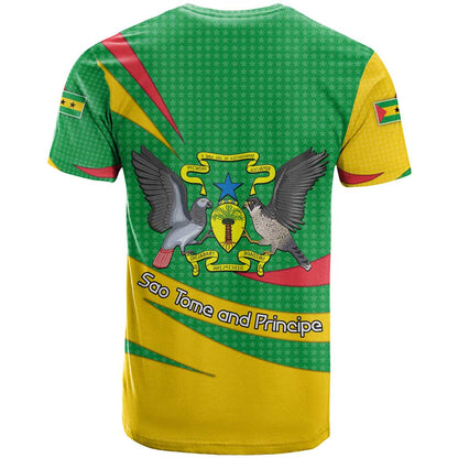 Sao Tome and Principe National Emblem T-Shirt with Green Yellow Flag Pattern Graphic Tee