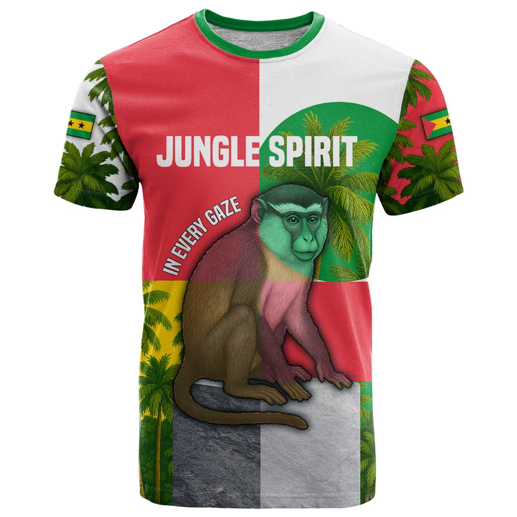 Jungle Spirit Monkey T-Shirt with Sao Tome and Principe Tropical Flag Color Blocks Graphic Tee