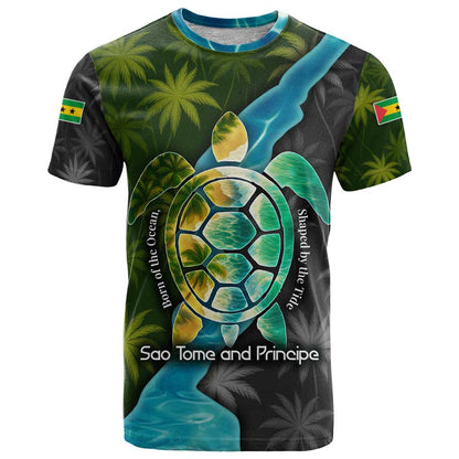 Sea Turtle Sao Tome and Principe T-Shirt with Ocean Tide and Tropical Palm Design Graphic Tee