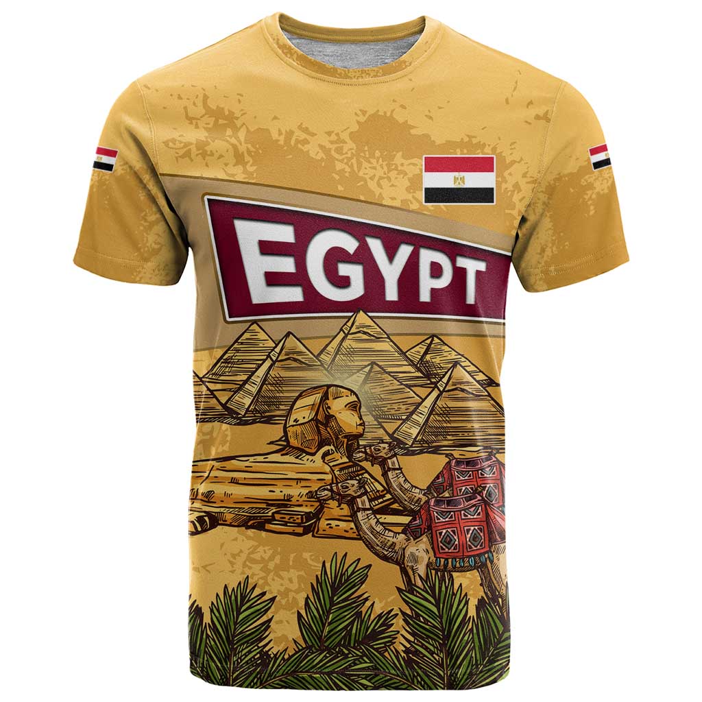 Egyptian Pyramids and Anubis T-Shirt with Camel Caravan Desert Graphic Tee