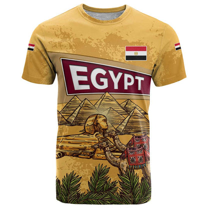 Egyptian Pyramids and Anubis T-Shirt with Camel Caravan Desert Graphic Tee
