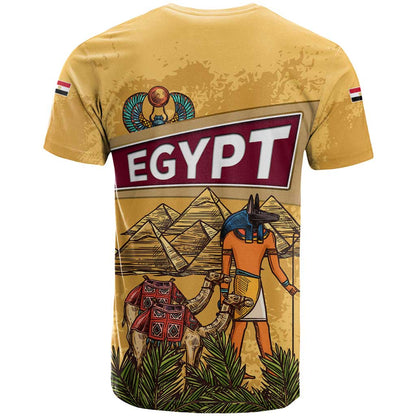 Egyptian Pyramids and Anubis T-Shirt with Camel Caravan Desert Graphic Tee
