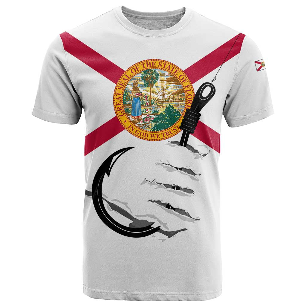 Flag Florida Fishing T-Shirt Fish Hook Rip Detail and Custom Name Red Accent Design Graphic Tee