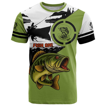 Largemouth Bass Fishing T-Shirt Fish On Text and Boat Scene in Green and Black Custom Design Graphic Tee