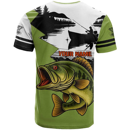 Largemouth Bass Fishing T-Shirt Fish On Text and Boat Scene in Green and Black Custom Design Graphic Tee