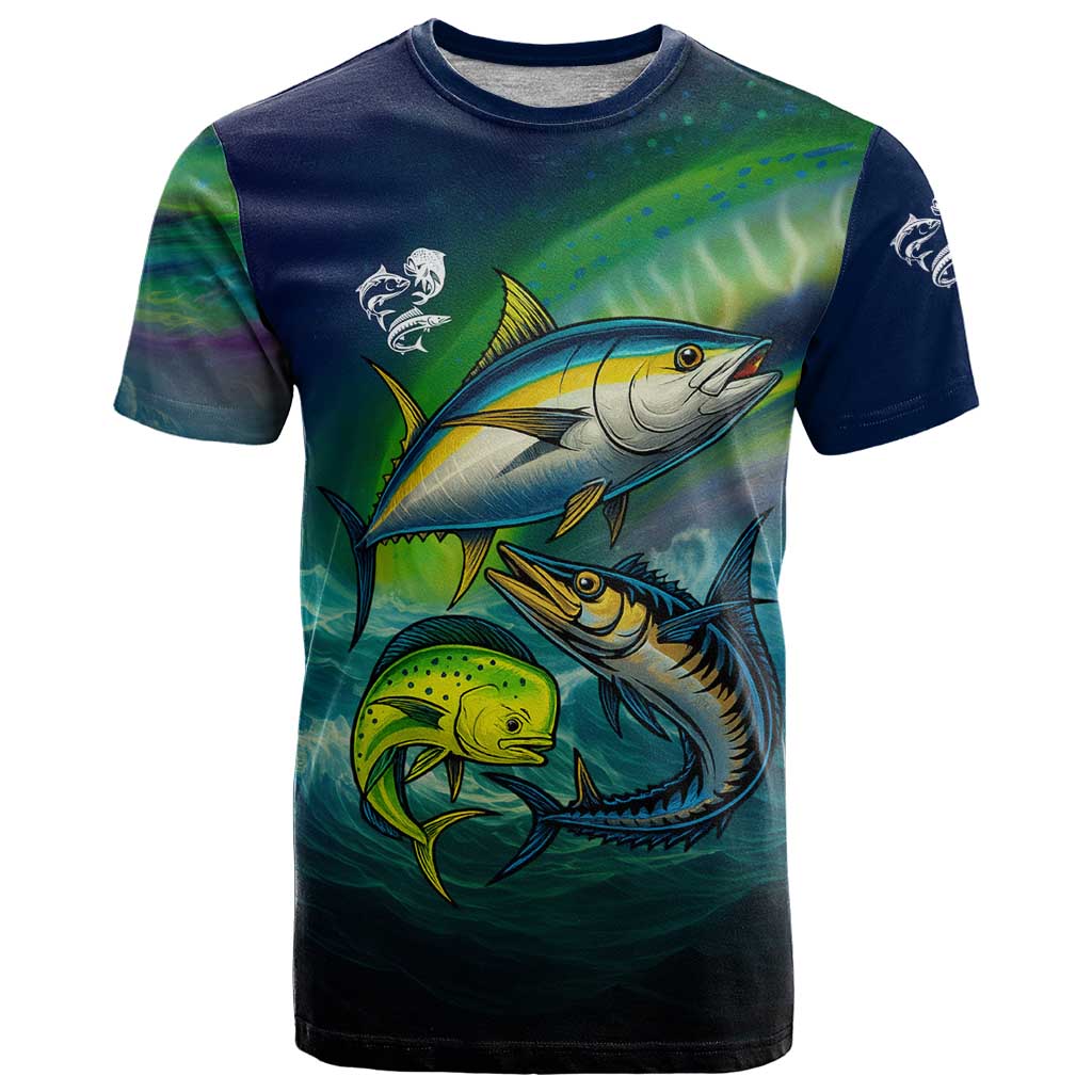 Offshore Fishing Custom T-Shirt Tuna Mahi Mahi and Wahoo in Ocean Wave Design Graphic Tee