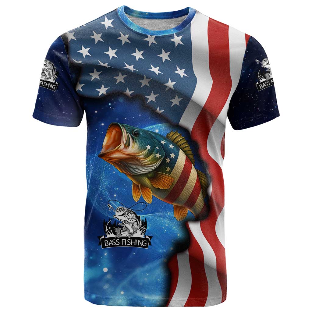 American Flag Bass Fishing Graphic T-Shirt Patriotic Fish and Starry Galaxy Background Graphic Tee