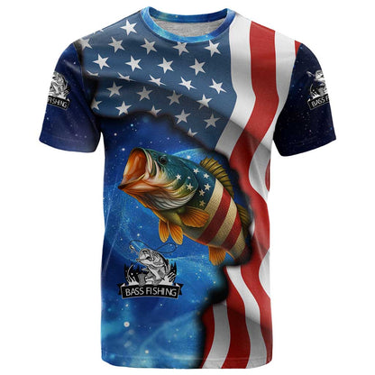 American Flag Bass Fishing Graphic T-Shirt Patriotic Fish and Starry Galaxy Background Graphic Tee
