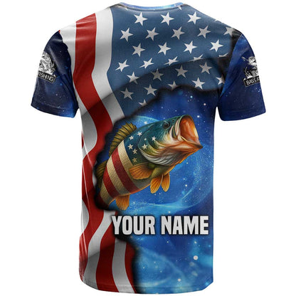 American Flag Bass Fishing Graphic T-Shirt Patriotic Fish and Starry Galaxy Background Graphic Tee