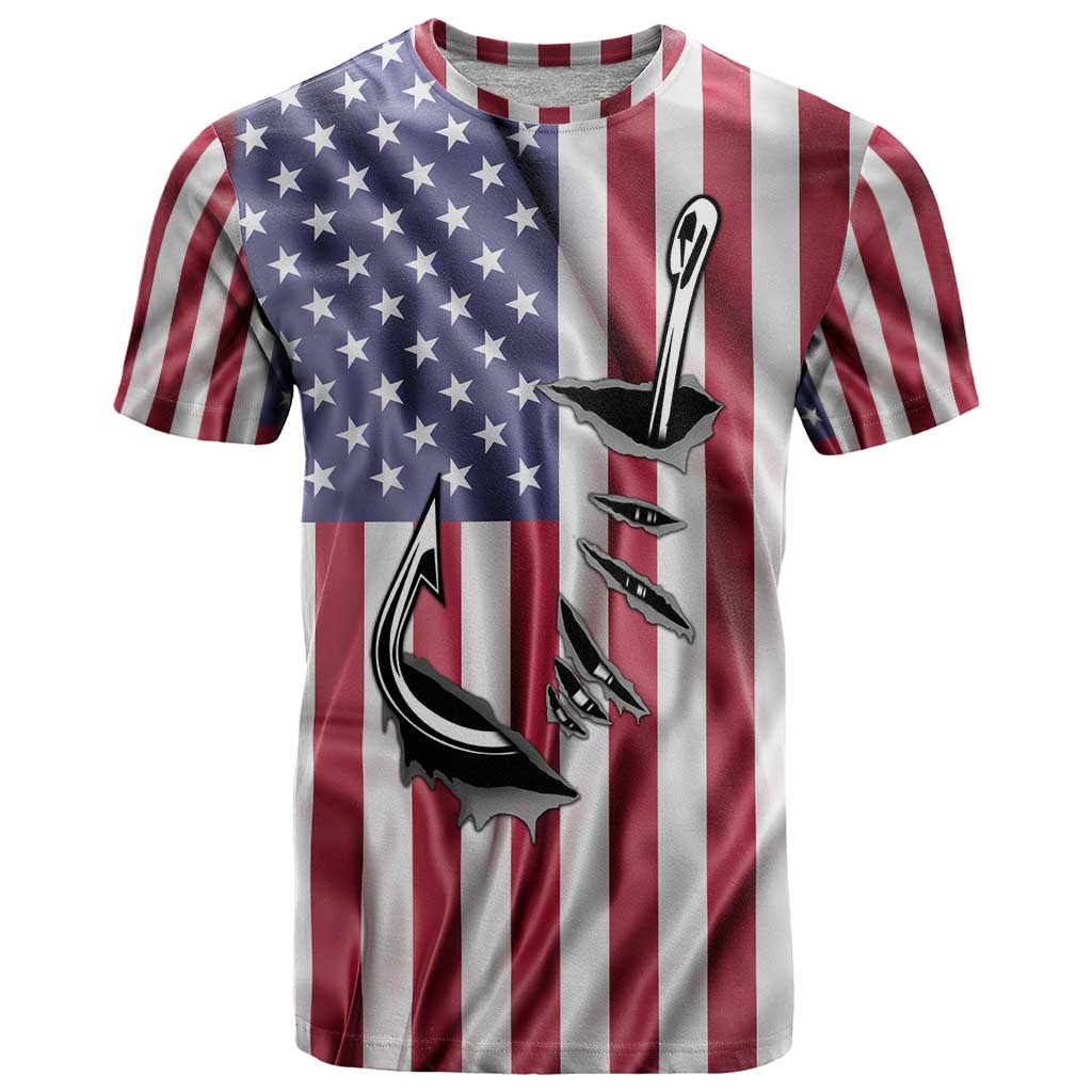 Fishing Fish Hook American Flag T-Shirt Custom Name Graphic in Patriotic Striped Theme Graphic Tee