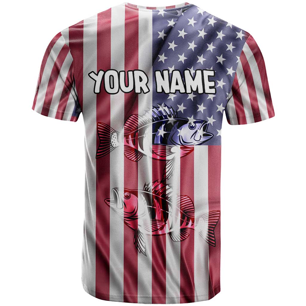 Fishing Fish Hook American Flag T-Shirt Custom Name Graphic in Patriotic Striped Theme Graphic Tee