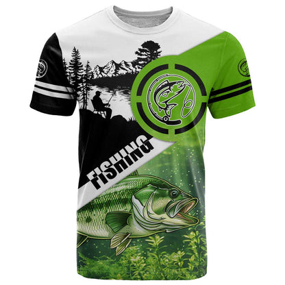 Green and Black Largemouth Bass Fishing T-Shirt Custom Name Design and Angler Silhouette Illustration Graphic Tee