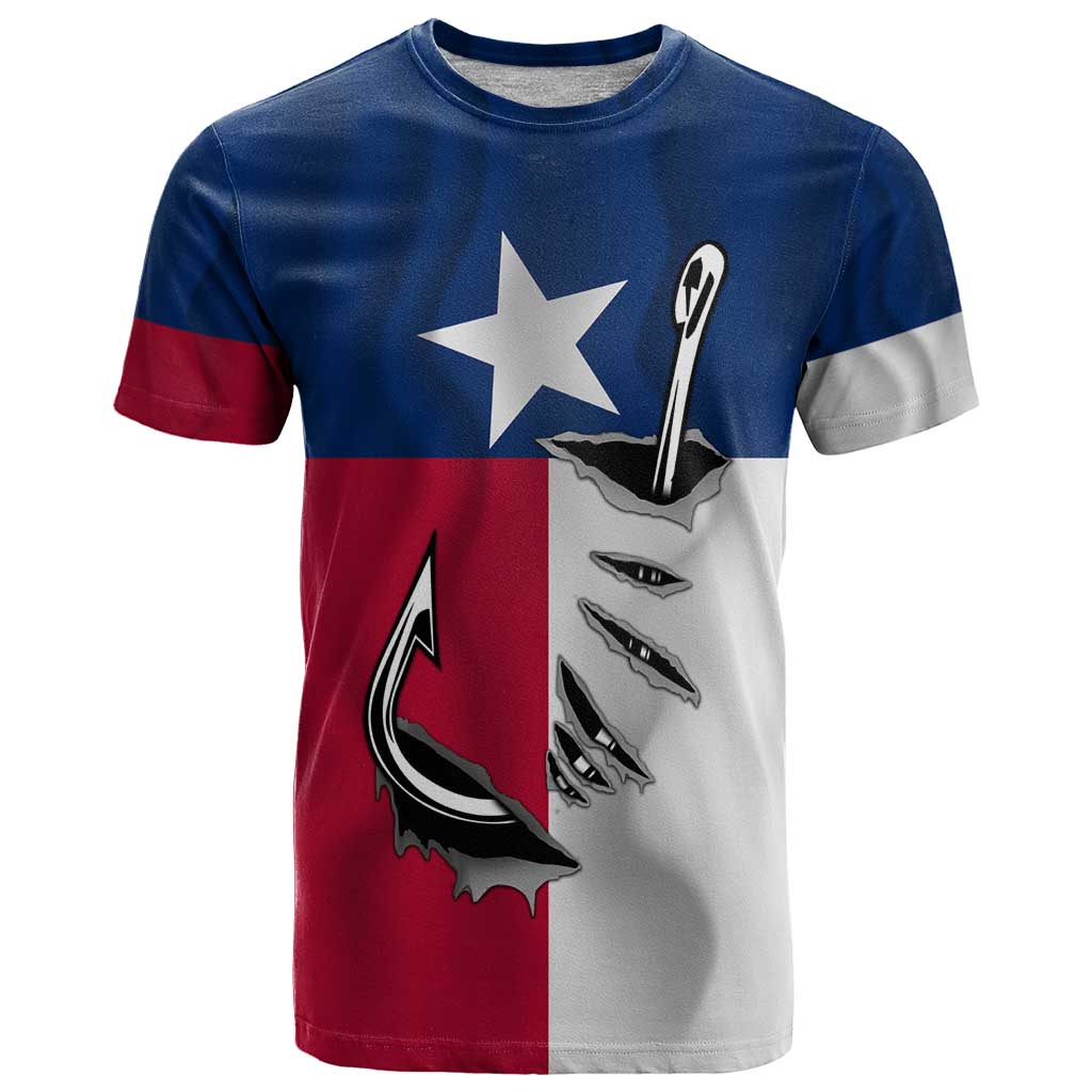 Texas Flag Fishing T-Shirt Hook and Fish Illustration and Custom Name Detail Graphic Tee