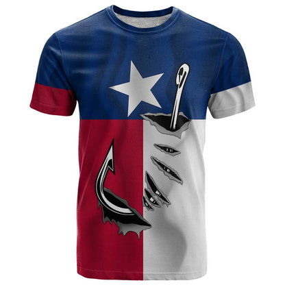 Texas Flag Fishing T-Shirt Hook and Fish Illustration and Custom Name Detail Graphic Tee