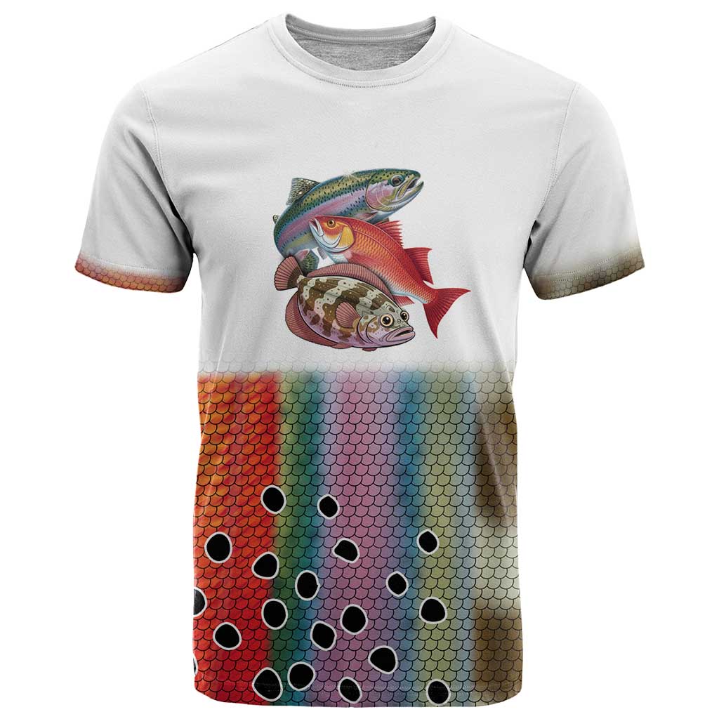 Multicolor Fish Pattern Design T-Shirt Fishing Scaled Texture and Custom Name Print Graphic Tee