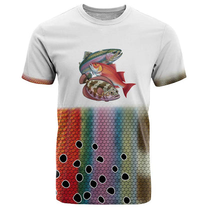 Multicolor Fish Pattern Design T-Shirt Fishing Scaled Texture and Custom Name Print Graphic Tee