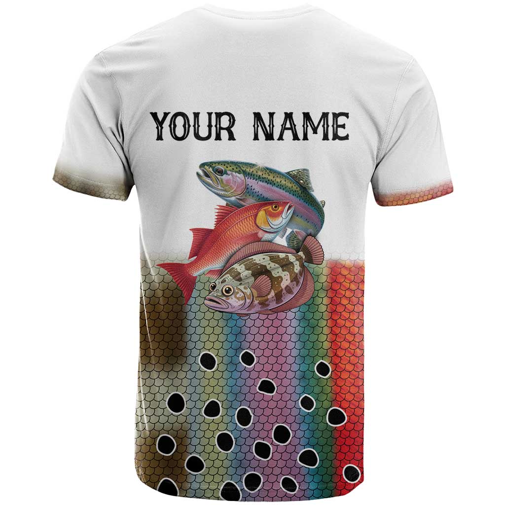 Multicolor Fish Pattern Design T-Shirt Fishing Scaled Texture and Custom Name Print Graphic Tee